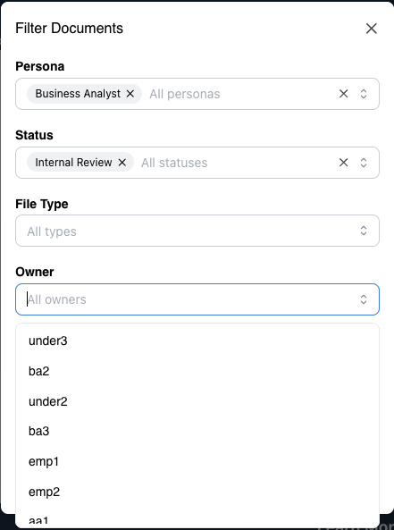 Document selection modal